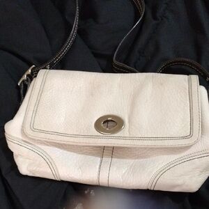 Coach Cream Shoulder Bag with Structured Design and Metallic Hardware